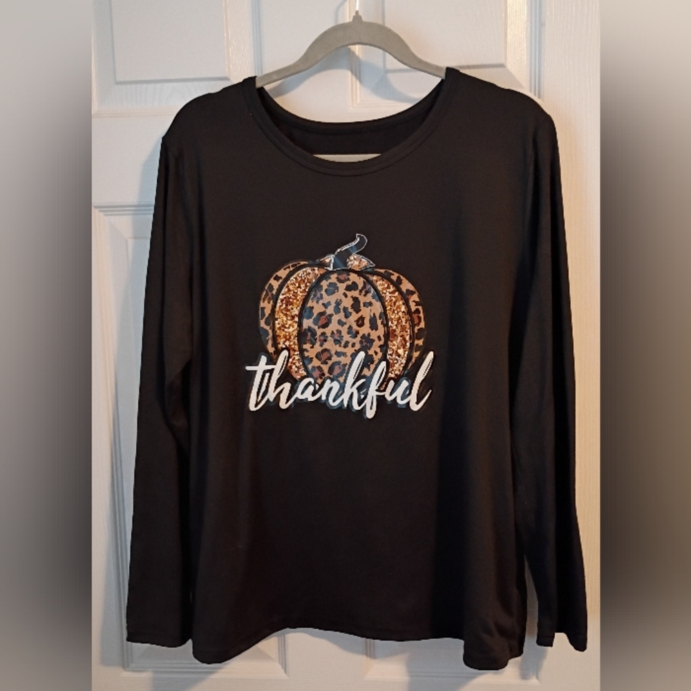 Black Long Sleeve Shirt W/ Leopard Print Thankful Pumpkin Design